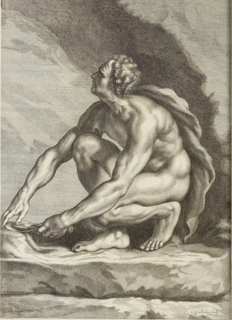 An illustration from Sculpturae veteris admiranda, sive, Delineatio vera perfectissimarum eminentissimarumque statuarum : unà cum artis hujus nobilissimae theoria ... : Carolo Ludovico, comiti Palat. Rheni ... consecrata à Joachimo de Sandrart in Stockau, 1680, leaf 185