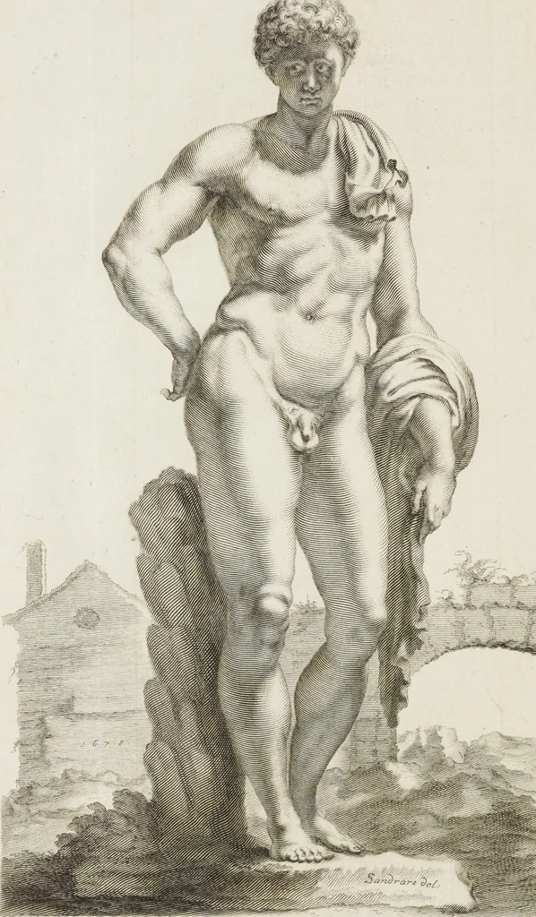 An illustration from Sculpturae veteris admiranda, sive, Delineatio vera perfectissimarum eminentissimarumque statuarum : unà cum artis hujus nobilissimae theoria ... : Carolo Ludovico, comiti Palat. Rheni ... consecrata à Joachimo de Sandrart in Stockau, 1680, leaf 221
