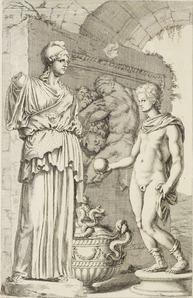 An illustration from Sculpturae veteris admiranda, sive, Delineatio vera perfectissimarum eminentissimarumque statuarum : unà cum artis hujus nobilissimae theoria ... : Carolo Ludovico, comiti Palat. Rheni ... consecrata à Joachimo de Sandrart in Stockau, 1680, leaf 237