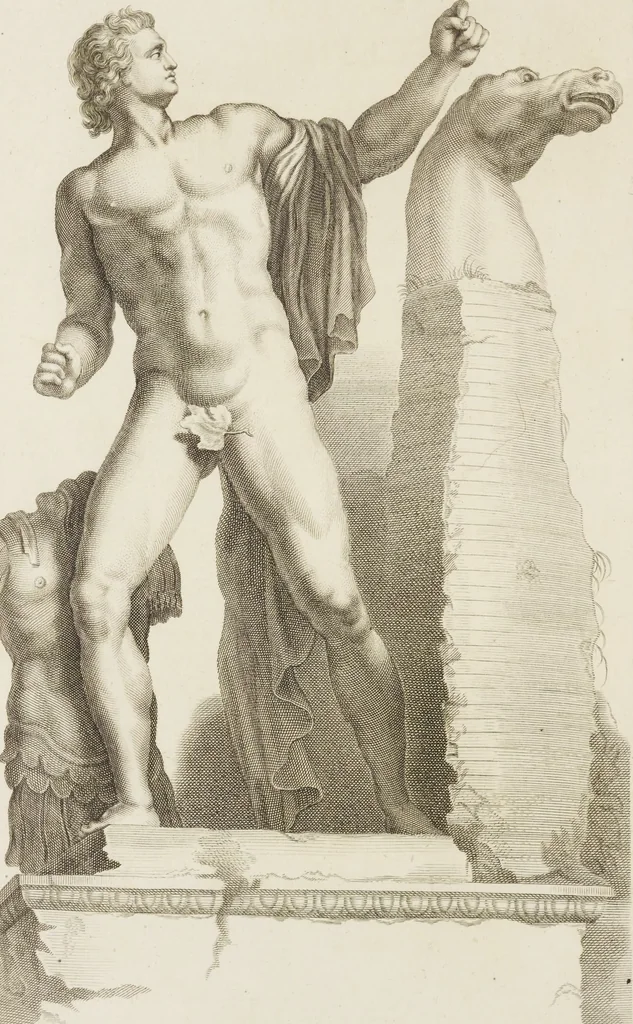 An illustration from Sculpturae veteris admiranda, sive, Delineatio vera perfectissimarum eminentissimarumque statuarum : unà cum artis hujus nobilissimae theoria ... : Carolo Ludovico, comiti Palat. Rheni ... consecrata à Joachimo de Sandrart in Stockau, 1680, leaf 49