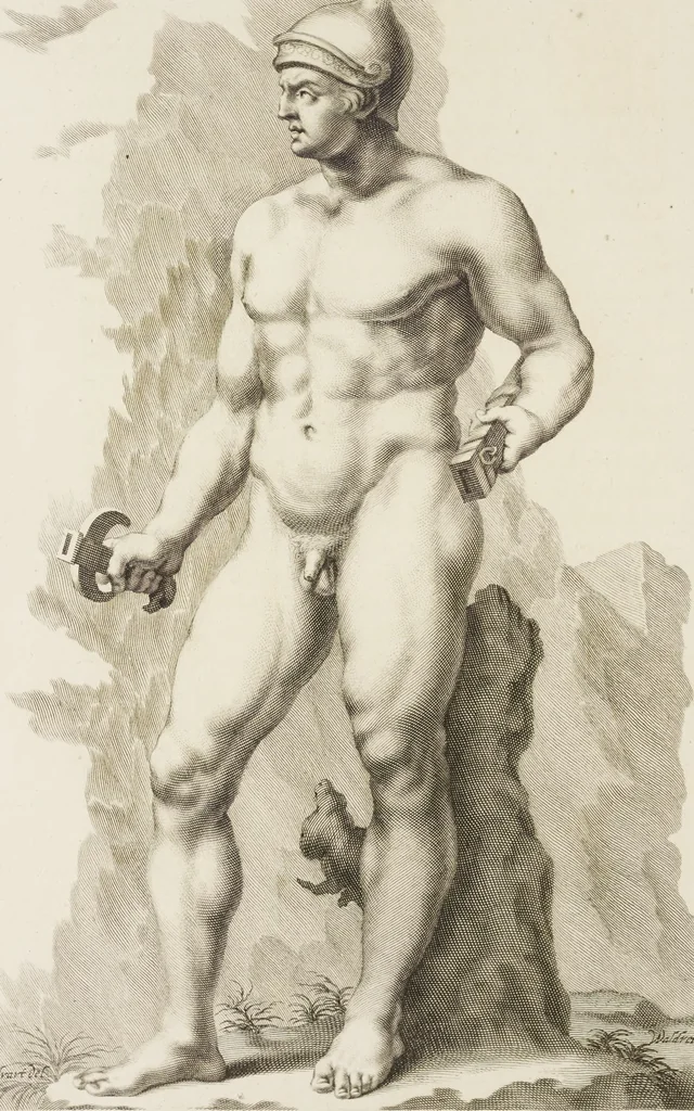 An illustration from Sculpturae veteris admiranda, sive, Delineatio vera perfectissimarum eminentissimarumque statuarum : unà cum artis hujus nobilissimae theoria ... : Carolo Ludovico, comiti Palat. Rheni ... consecrata à Joachimo de Sandrart in Stockau, 1680, leaf 53