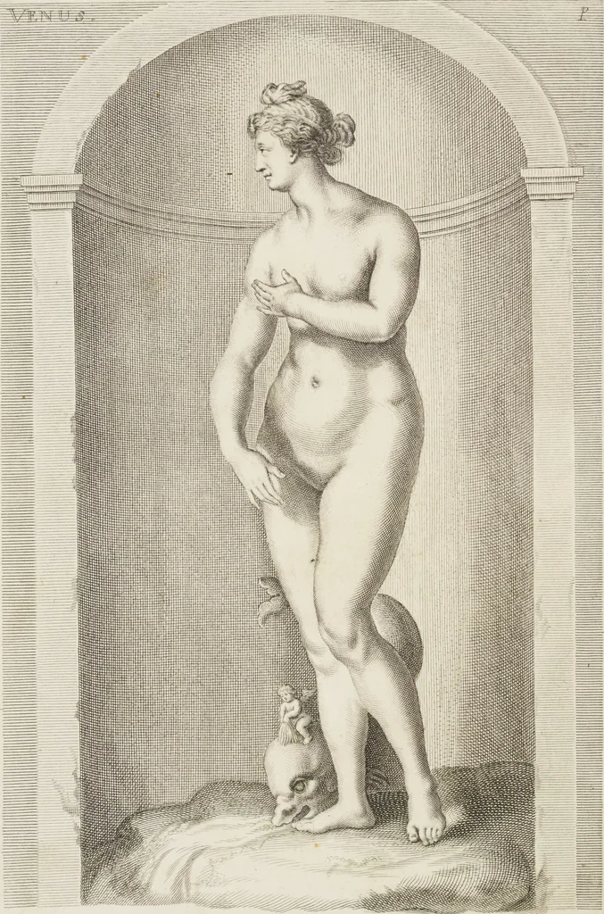 An illustration from Sculpturae veteris admiranda, sive, Delineatio vera perfectissimarum eminentissimarumque statuarum : unà cum artis hujus nobilissimae theoria ... : Carolo Ludovico, comiti Palat. Rheni ... consecrata à Joachimo de Sandrart in Stockau, 1680, leaf 85