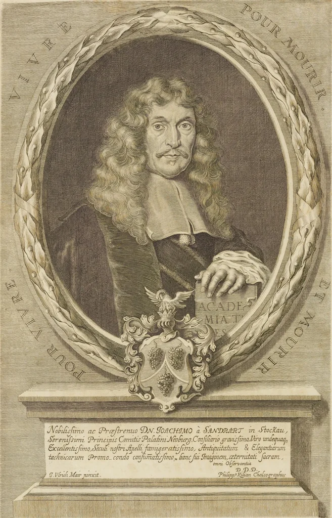 An illustration from Sculpturae veteris admiranda, sive, Delineatio vera perfectissimarum eminentissimarumque statuarum : unà cum artis hujus nobilissimae theoria ... : Carolo Ludovico, comiti Palat. Rheni ... consecrata à Joachimo de Sandrart in Stockau, 1680, leaf 9