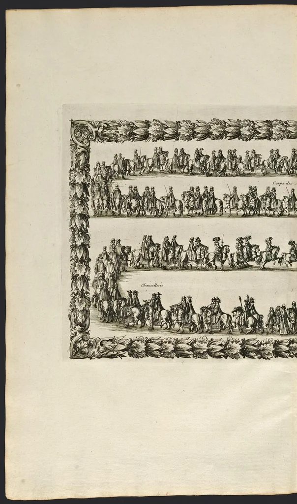 An illustration from L'entrée triomphante de Leurs Maiestez Louis XIV. roy de France et de Nauarre, et Marie Therese d'Austriche son espouse, : dans la ville de Paris capitale de leurs royaumes, au retour de la signature de la paix generalle et de leur heureux mariage. Enrichie de plusieurs figures, des harangues & de diuerses pieces considerables pour l'histoire., 1662, leaf 105