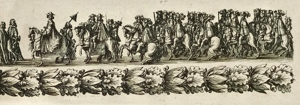 An illustration from L'entrée triomphante de Leurs Maiestez Louis XIV. roy de France et de Nauarre, et Marie Therese d'Austriche son espouse, : dans la ville de Paris capitale de leurs royaumes, au retour de la signature de la paix generalle et de leur heureux mariage. Enrichie de plusieurs figures, des harangues & de diuerses pieces considerables pour l'histoire., 1662, leaf 106