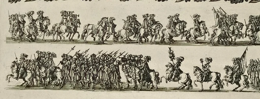 An illustration from L'entrée triomphante de Leurs Maiestez Louis XIV. roy de France et de Nauarre, et Marie Therese d'Austriche son espouse, : dans la ville de Paris capitale de leurs royaumes, au retour de la signature de la paix generalle et de leur heureux mariage. Enrichie de plusieurs figures, des harangues & de diuerses pieces considerables pour l'histoire., 1662, leaf 109