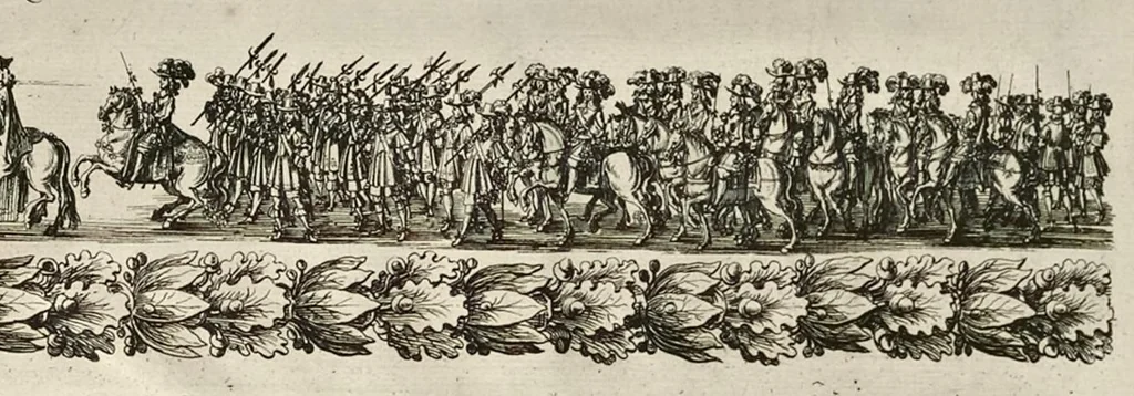 An illustration from L'entrée triomphante de Leurs Maiestez Louis XIV. roy de France et de Nauarre, et Marie Therese d'Austriche son espouse, : dans la ville de Paris capitale de leurs royaumes, au retour de la signature de la paix generalle et de leur heureux mariage. Enrichie de plusieurs figures, des harangues & de diuerses pieces considerables pour l'histoire., 1662, leaf 110