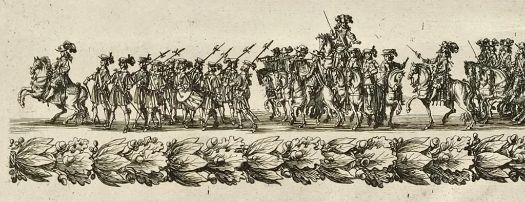 An illustration from L'entrée triomphante de Leurs Maiestez Louis XIV. roy de France et de Nauarre, et Marie Therese d'Austriche son espouse, : dans la ville de Paris capitale de leurs royaumes, au retour de la signature de la paix generalle et de leur heureux mariage. Enrichie de plusieurs figures, des harangues & de diuerses pieces considerables pour l'histoire., 1662, leaf 113