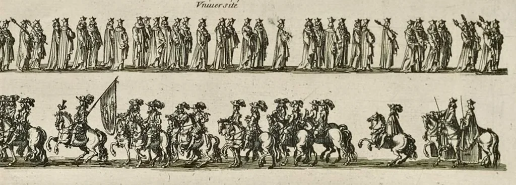 An illustration from L'entrée triomphante de Leurs Maiestez Louis XIV. roy de France et de Nauarre, et Marie Therese d'Austriche son espouse, : dans la ville de Paris capitale de leurs royaumes, au retour de la signature de la paix generalle et de leur heureux mariage. Enrichie de plusieurs figures, des harangues & de diuerses pieces considerables pour l'histoire., 1662, leaf 114