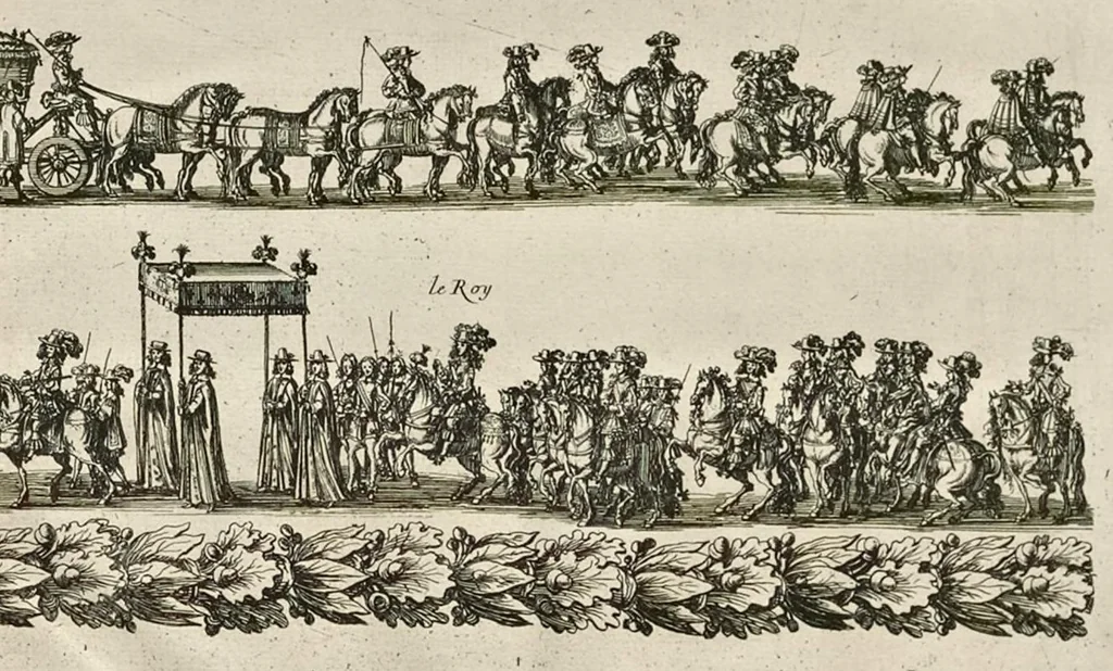 An illustration from L'entrée triomphante de Leurs Maiestez Louis XIV. roy de France et de Nauarre, et Marie Therese d'Austriche son espouse, : dans la ville de Paris capitale de leurs royaumes, au retour de la signature de la paix generalle et de leur heureux mariage. Enrichie de plusieurs figures, des harangues & de diuerses pieces considerables pour l'histoire., 1662, leaf 114