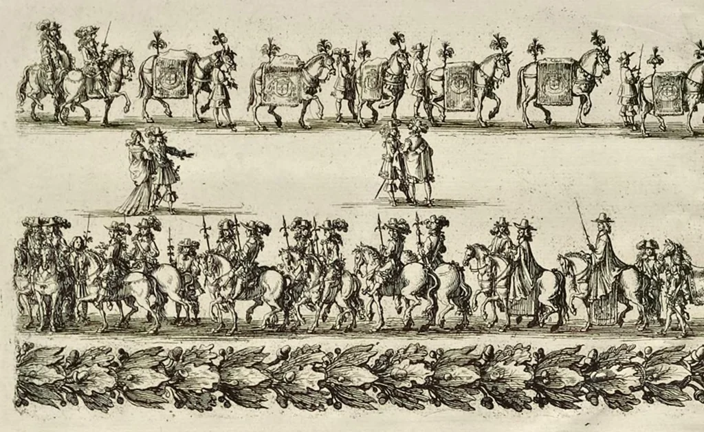 An illustration from L'entrée triomphante de Leurs Maiestez Louis XIV. roy de France et de Nauarre, et Marie Therese d'Austriche son espouse, : dans la ville de Paris capitale de leurs royaumes, au retour de la signature de la paix generalle et de leur heureux mariage. Enrichie de plusieurs figures, des harangues & de diuerses pieces considerables pour l'histoire., 1662, leaf 117