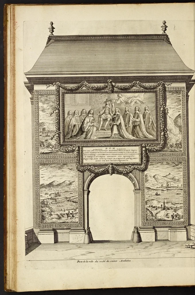 An illustration from L'entrée triomphante de Leurs Maiestez Louis XIV. roy de France et de Nauarre, et Marie Therese d'Austriche son espouse, : dans la ville de Paris capitale de leurs royaumes, au retour de la signature de la paix generalle et de leur heureux mariage. Enrichie de plusieurs figures, des harangues & de diuerses pieces considerables pour l'histoire., 1662, leaf 43