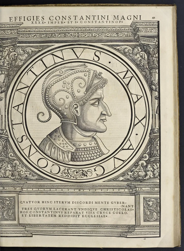 An illustration from Imperatorvm Romanorvm omnivm orientalivm et occidentalivm verissimae imagines ex antiqvis nvmismatis qvam fidelissime delineatae : addita cvivsqve vitae descriptione ex Thesavro Iacobi Stradae et perbrevi elogio vnivscvivsqve carmine, qvod qvasi epitome est historiae, ad ivvandam memoriam, 1559, leaf 100