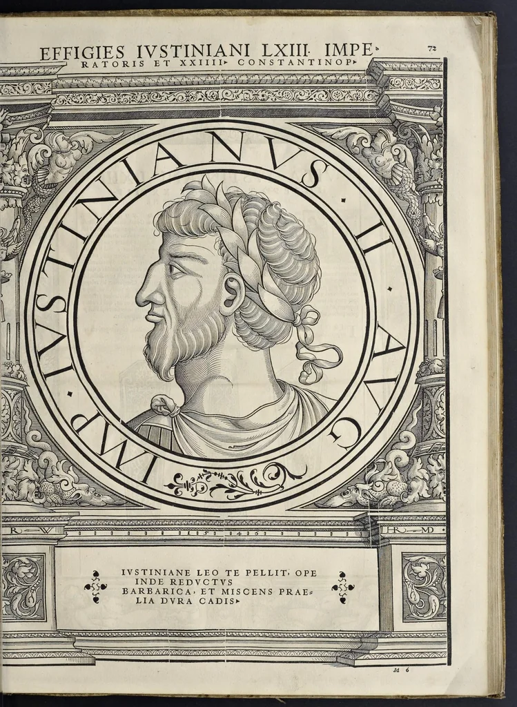 An illustration from Imperatorvm Romanorvm omnivm orientalivm et occidentalivm verissimae imagines ex antiqvis nvmismatis qvam fidelissime delineatae : addita cvivsqve vitae descriptione ex Thesavro Iacobi Stradae et perbrevi elogio vnivscvivsqve carmine, qvod qvasi epitome est historiae, ad ivvandam memoriam, 1559, leaf 158