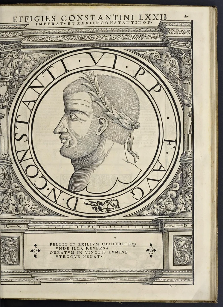An illustration from Imperatorvm Romanorvm omnivm orientalivm et occidentalivm verissimae imagines ex antiqvis nvmismatis qvam fidelissime delineatae : addita cvivsqve vitae descriptione ex Thesavro Iacobi Stradae et perbrevi elogio vnivscvivsqve carmine, qvod qvasi epitome est historiae, ad ivvandam memoriam, 1559, leaf 174