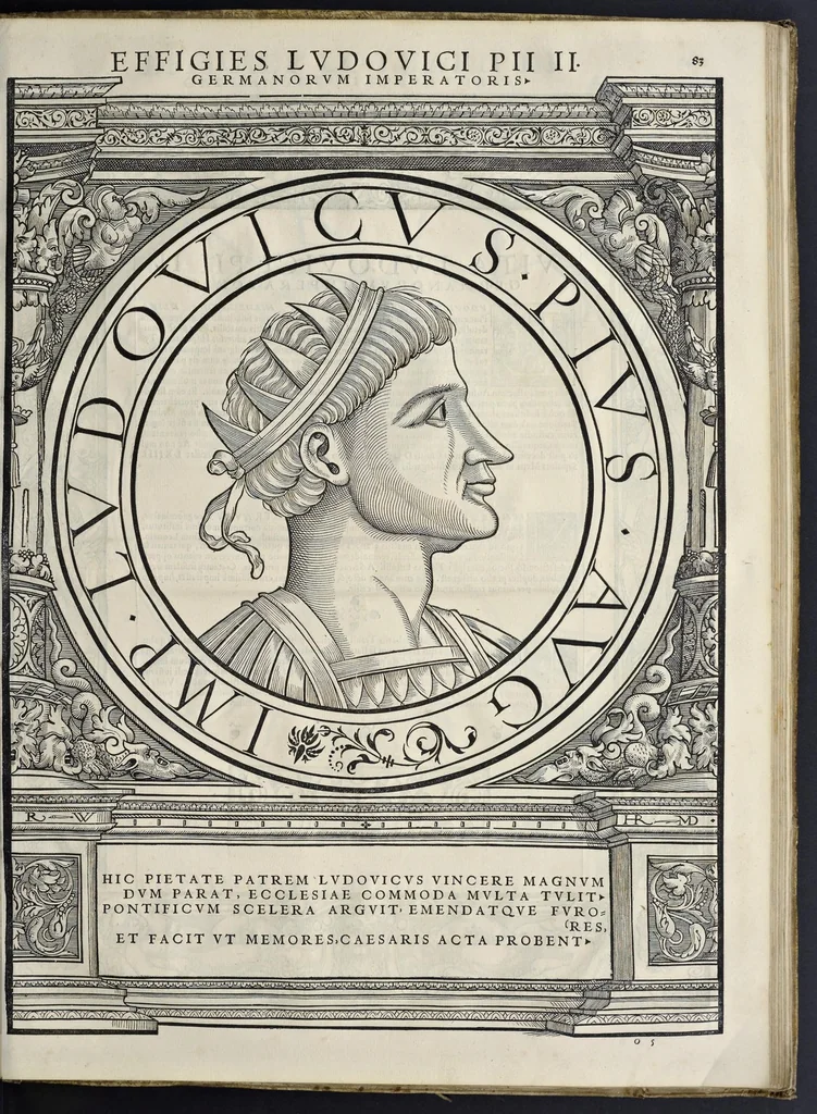 An illustration from Imperatorvm Romanorvm omnivm orientalivm et occidentalivm verissimae imagines ex antiqvis nvmismatis qvam fidelissime delineatae : addita cvivsqve vitae descriptione ex Thesavro Iacobi Stradae et perbrevi elogio vnivscvivsqve carmine, qvod qvasi epitome est historiae, ad ivvandam memoriam, 1559, leaf 180