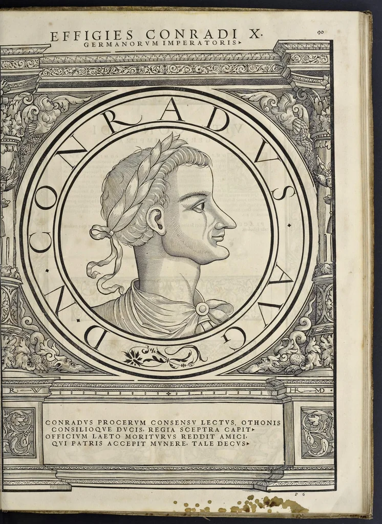 An illustration from Imperatorvm Romanorvm omnivm orientalivm et occidentalivm verissimae imagines ex antiqvis nvmismatis qvam fidelissime delineatae : addita cvivsqve vitae descriptione ex Thesavro Iacobi Stradae et perbrevi elogio vnivscvivsqve carmine, qvod qvasi epitome est historiae, ad ivvandam memoriam, 1559, leaf 194