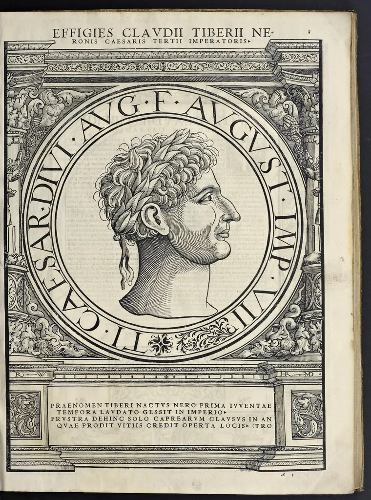 An illustration from Imperatorvm Romanorvm omnivm orientalivm et occidentalivm verissimae imagines ex antiqvis nvmismatis qvam fidelissime delineatae : addita cvivsqve vitae descriptione ex Thesavro Iacobi Stradae et perbrevi elogio vnivscvivsqve carmine, qvod qvasi epitome est historiae, ad ivvandam memoriam, 1559, leaf 20