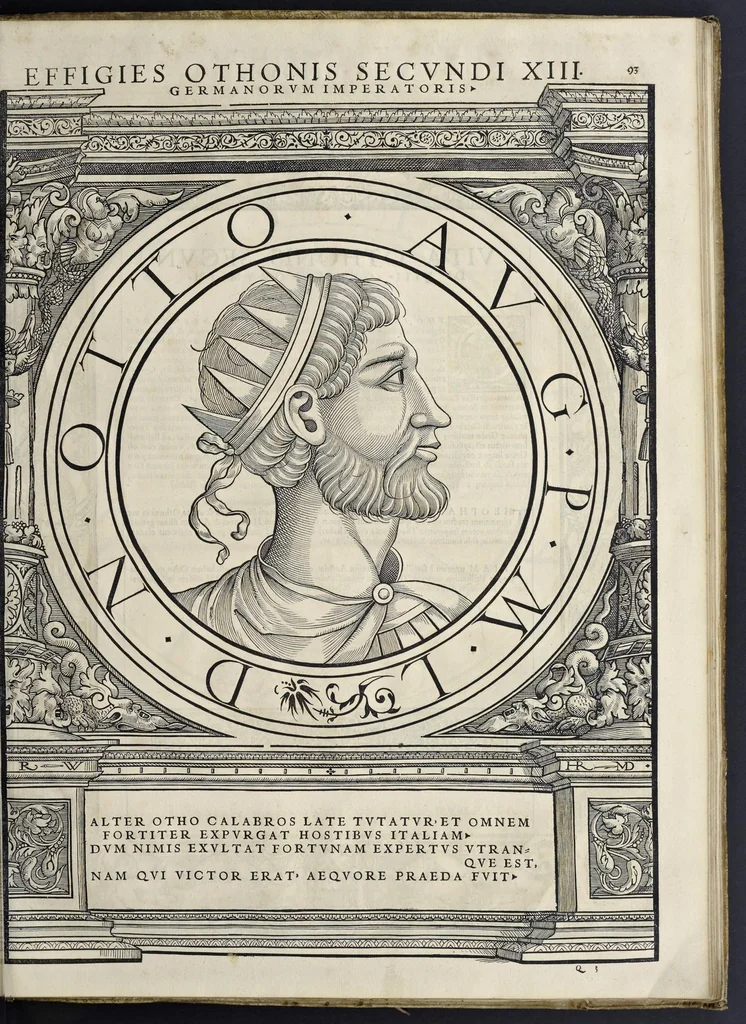 An illustration from Imperatorvm Romanorvm omnivm orientalivm et occidentalivm verissimae imagines ex antiqvis nvmismatis qvam fidelissime delineatae : addita cvivsqve vitae descriptione ex Thesavro Iacobi Stradae et perbrevi elogio vnivscvivsqve carmine, qvod qvasi epitome est historiae, ad ivvandam memoriam, 1559, leaf 200