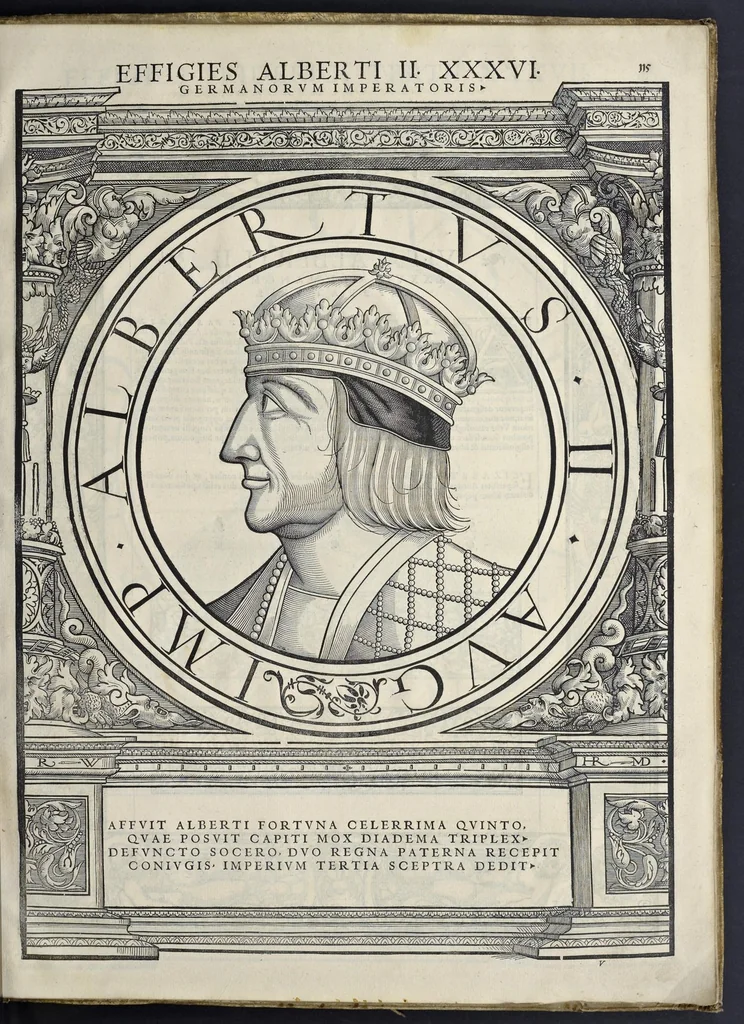 An illustration from Imperatorvm Romanorvm omnivm orientalivm et occidentalivm verissimae imagines ex antiqvis nvmismatis qvam fidelissime delineatae : addita cvivsqve vitae descriptione ex Thesavro Iacobi Stradae et perbrevi elogio vnivscvivsqve carmine, qvod qvasi epitome est historiae, ad ivvandam memoriam, 1559, leaf 244