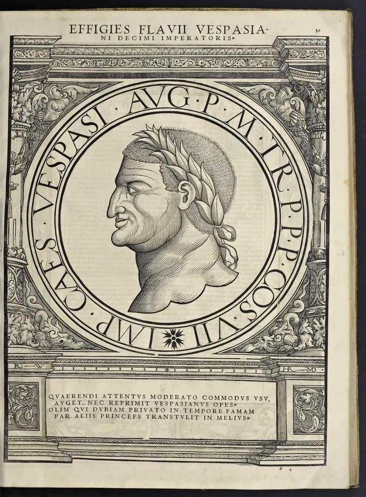 An illustration from Imperatorvm Romanorvm omnivm orientalivm et occidentalivm verissimae imagines ex antiqvis nvmismatis qvam fidelissime delineatae : addita cvivsqve vitae descriptione ex Thesavro Iacobi Stradae et perbrevi elogio vnivscvivsqve carmine, qvod qvasi epitome est historiae, ad ivvandam memoriam, 1559, leaf 34