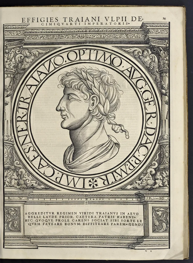 An illustration from Imperatorvm Romanorvm omnivm orientalivm et occidentalivm verissimae imagines ex antiqvis nvmismatis qvam fidelissime delineatae : addita cvivsqve vitae descriptione ex Thesavro Iacobi Stradae et perbrevi elogio vnivscvivsqve carmine, qvod qvasi epitome est historiae, ad ivvandam memoriam, 1559, leaf 42