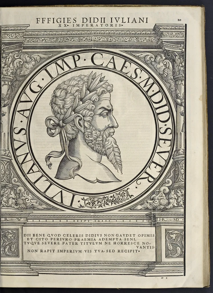 An illustration from Imperatorvm Romanorvm omnivm orientalivm et occidentalivm verissimae imagines ex antiqvis nvmismatis qvam fidelissime delineatae : addita cvivsqve vitae descriptione ex Thesavro Iacobi Stradae et perbrevi elogio vnivscvivsqve carmine, qvod qvasi epitome est historiae, ad ivvandam memoriam, 1559, leaf 54