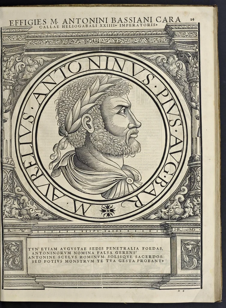 An illustration from Imperatorvm Romanorvm omnivm orientalivm et occidentalivm verissimae imagines ex antiqvis nvmismatis qvam fidelissime delineatae : addita cvivsqve vitae descriptione ex Thesavro Iacobi Stradae et perbrevi elogio vnivscvivsqve carmine, qvod qvasi epitome est historiae, ad ivvandam memoriam, 1559, leaf 62