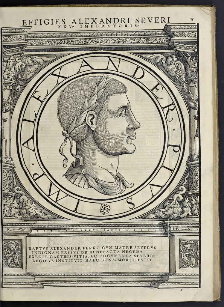 An illustration from Imperatorvm Romanorvm omnivm orientalivm et occidentalivm verissimae imagines ex antiqvis nvmismatis qvam fidelissime delineatae : addita cvivsqve vitae descriptione ex Thesavro Iacobi Stradae et perbrevi elogio vnivscvivsqve carmine, qvod qvasi epitome est historiae, ad ivvandam memoriam, 1559, leaf 64