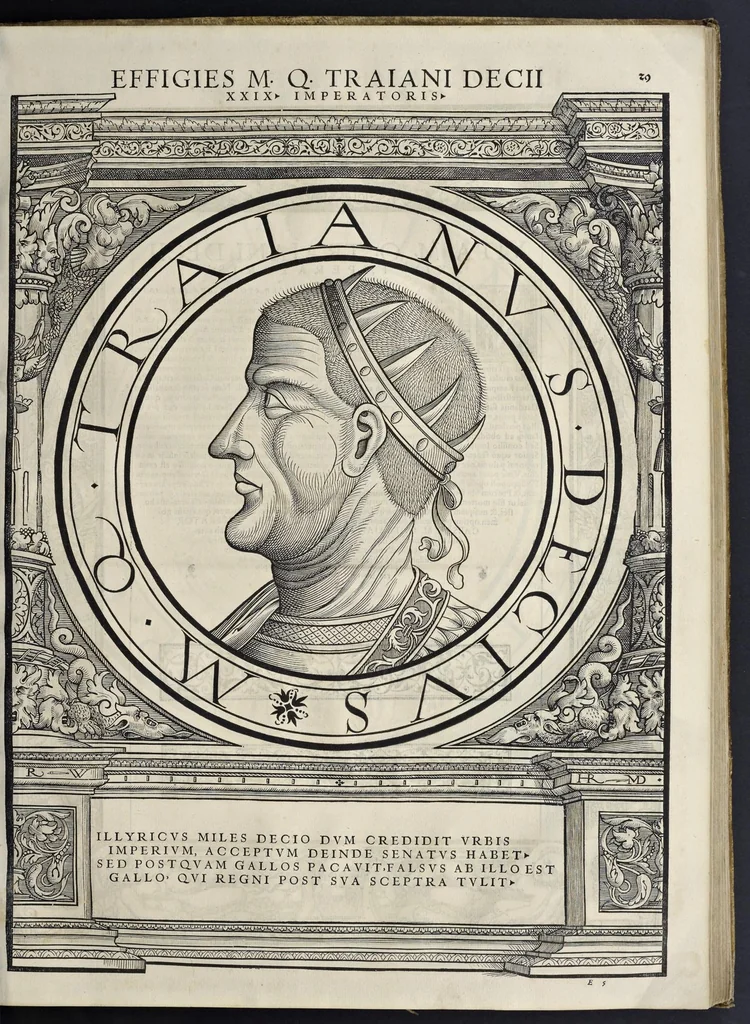 An illustration from Imperatorvm Romanorvm omnivm orientalivm et occidentalivm verissimae imagines ex antiqvis nvmismatis qvam fidelissime delineatae : addita cvivsqve vitae descriptione ex Thesavro Iacobi Stradae et perbrevi elogio vnivscvivsqve carmine, qvod qvasi epitome est historiae, ad ivvandam memoriam, 1559, leaf 72