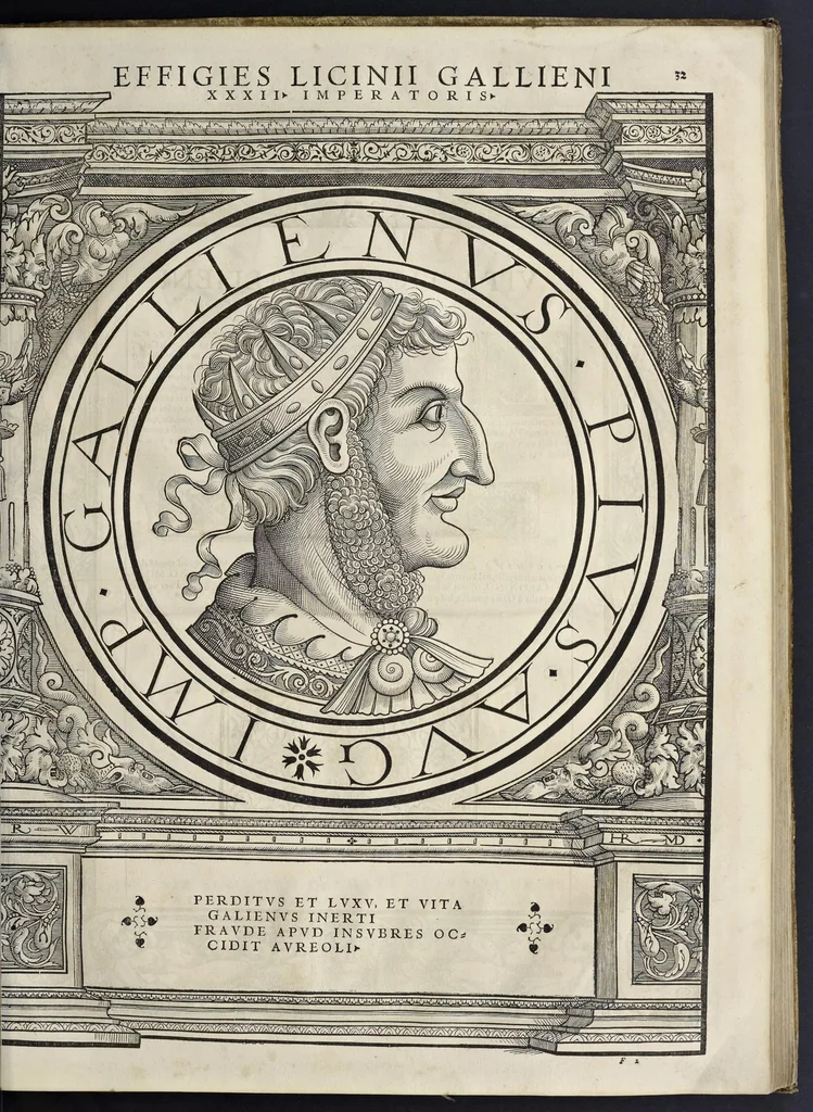 An illustration from Imperatorvm Romanorvm omnivm orientalivm et occidentalivm verissimae imagines ex antiqvis nvmismatis qvam fidelissime delineatae : addita cvivsqve vitae descriptione ex Thesavro Iacobi Stradae et perbrevi elogio vnivscvivsqve carmine, qvod qvasi epitome est historiae, ad ivvandam memoriam, 1559, leaf 78