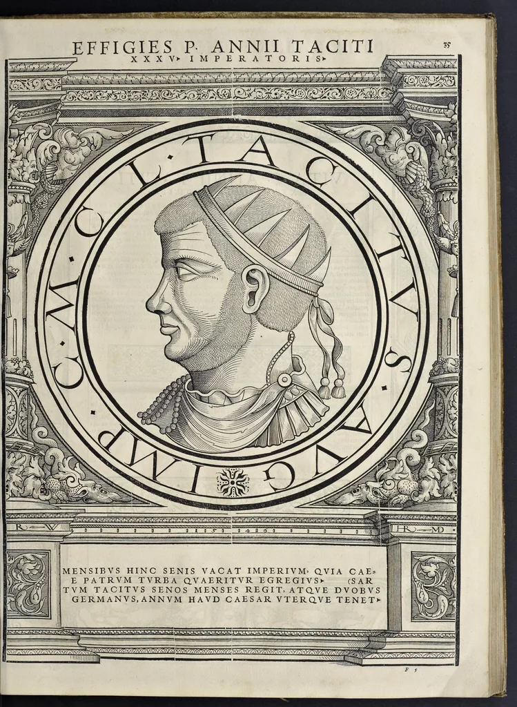 An illustration from Imperatorvm Romanorvm omnivm orientalivm et occidentalivm verissimae imagines ex antiqvis nvmismatis qvam fidelissime delineatae : addita cvivsqve vitae descriptione ex Thesavro Iacobi Stradae et perbrevi elogio vnivscvivsqve carmine, qvod qvasi epitome est historiae, ad ivvandam memoriam, 1559, leaf 84