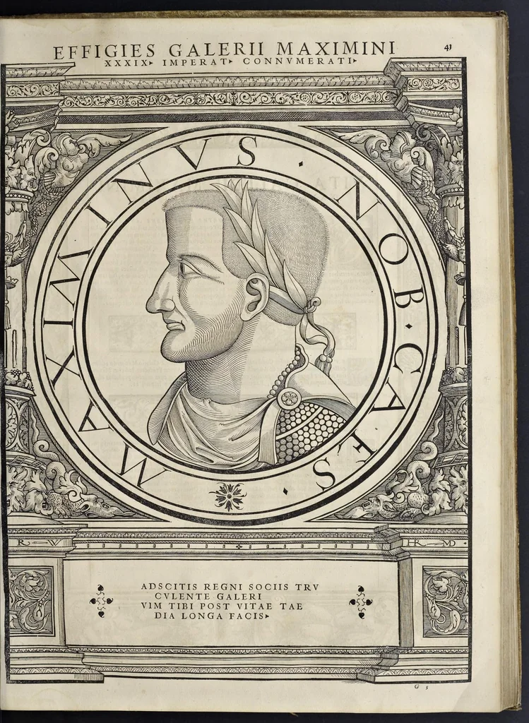 An illustration from Imperatorvm Romanorvm omnivm orientalivm et occidentalivm verissimae imagines ex antiqvis nvmismatis qvam fidelissime delineatae : addita cvivsqve vitae descriptione ex Thesavro Iacobi Stradae et perbrevi elogio vnivscvivsqve carmine, qvod qvasi epitome est historiae, ad ivvandam memoriam, 1559, leaf 96