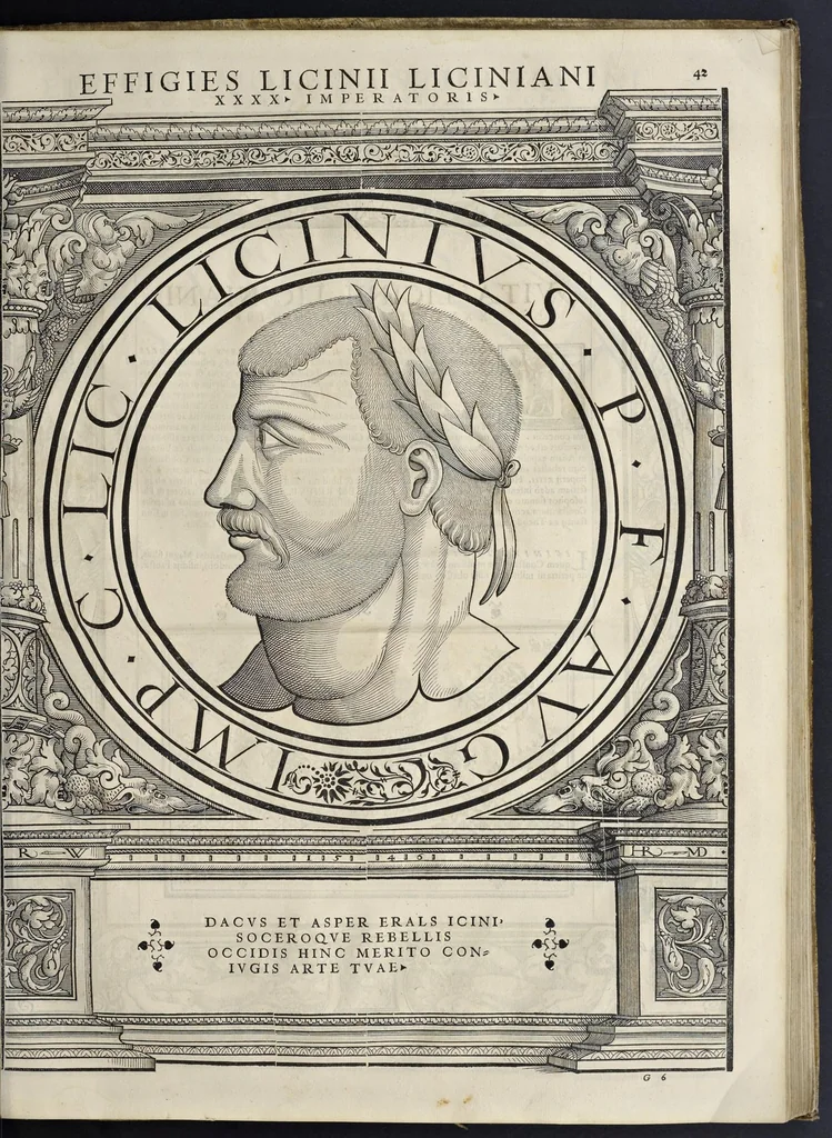 An illustration from Imperatorvm Romanorvm omnivm orientalivm et occidentalivm verissimae imagines ex antiqvis nvmismatis qvam fidelissime delineatae : addita cvivsqve vitae descriptione ex Thesavro Iacobi Stradae et perbrevi elogio vnivscvivsqve carmine, qvod qvasi epitome est historiae, ad ivvandam memoriam, 1559, leaf 98