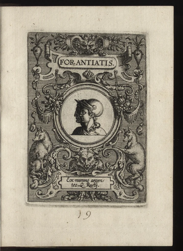 An illustration from Deorvm dearvmqve capita : ex vetustis numismatibus in gratiam antiquitatis studiosorum effigiata et edita : ex museo Abrahami Ortelii, 1582, leaf 50