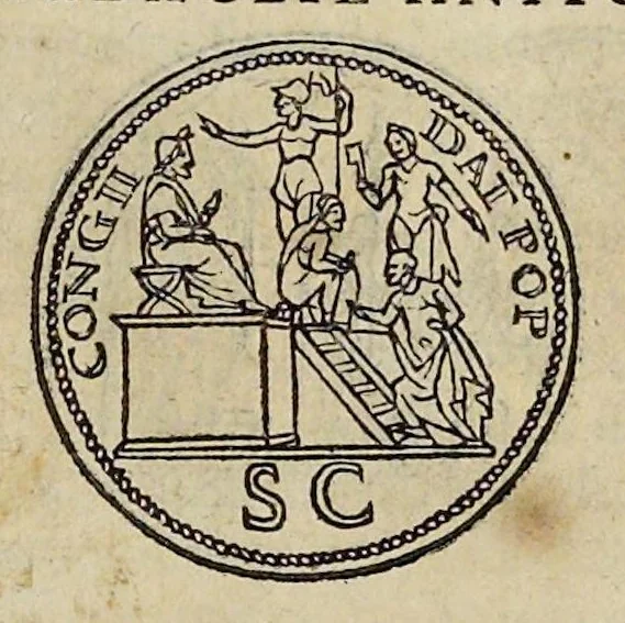 An illustration from Discorso di M. Sebastiano Erizzo sopra le medaglie de gli antichi : con la particolar dichiaratione di esse medaglie : nellaquale oltre all'istoria de gli imperadori romani, si contengono le imagini delle deità dei gentili, con le loro allegorie : & insieme vna varia & piena cognitione delle antichità, 1568, leaf 238