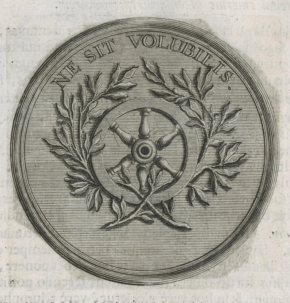 An illustration from Descriptio historica utruisque fortunae Maximiliani Emmanuelis ... : S.R.I. Archi-Dapiferi et Electoris ... : secundum heroica majorum suorum exempla Herculeis laboribus repraesentata, tabula serenissimi stemmatis leonini, aeneisque ducum bavaricorum figuris et emblematibus adornata ..., 1715, leaf 140