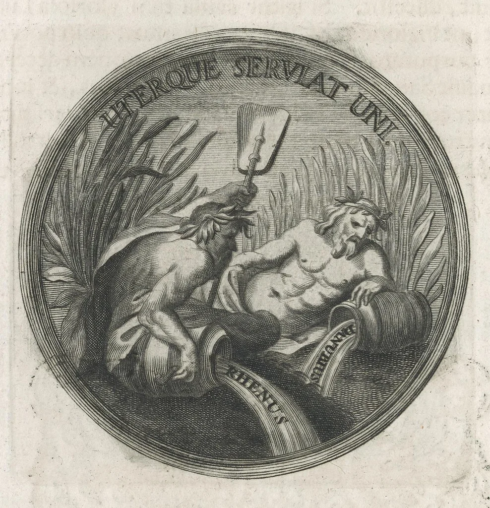 An illustration from Descriptio historica utruisque fortunae Maximiliani Emmanuelis ... : S.R.I. Archi-Dapiferi et Electoris ... : secundum heroica majorum suorum exempla Herculeis laboribus repraesentata, tabula serenissimi stemmatis leonini, aeneisque ducum bavaricorum figuris et emblematibus adornata ..., 1715, leaf 185