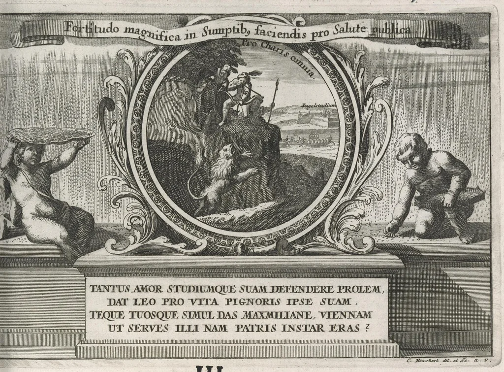 An illustration from Descriptio historica utruisque fortunae Maximiliani Emmanuelis ... : S.R.I. Archi-Dapiferi et Electoris ... : secundum heroica majorum suorum exempla Herculeis laboribus repraesentata, tabula serenissimi stemmatis leonini, aeneisque ducum bavaricorum figuris et emblematibus adornata ..., 1715, leaf 316