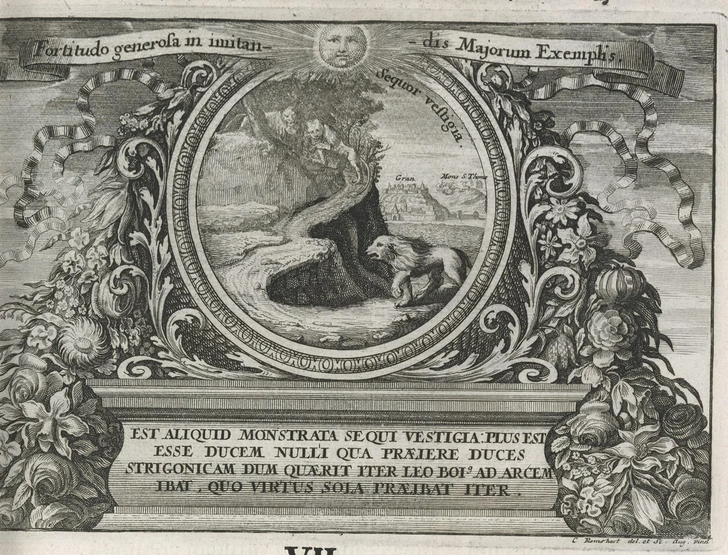 An illustration from Descriptio historica utruisque fortunae Maximiliani Emmanuelis ... : S.R.I. Archi-Dapiferi et Electoris ... : secundum heroica majorum suorum exempla Herculeis laboribus repraesentata, tabula serenissimi stemmatis leonini, aeneisque ducum bavaricorum figuris et emblematibus adornata ..., 1715, leaf 324
