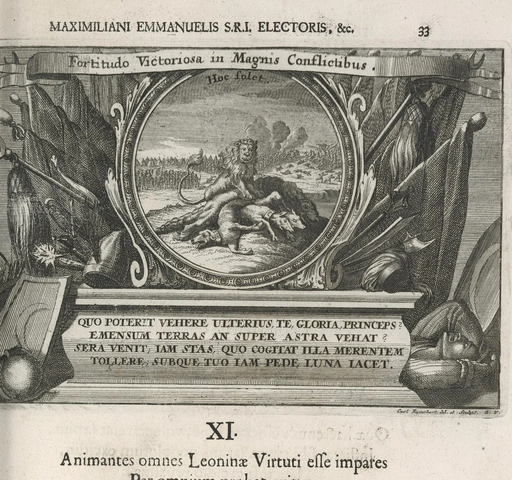 An illustration from Descriptio historica utruisque fortunae Maximiliani Emmanuelis ... : S.R.I. Archi-Dapiferi et Electoris ... : secundum heroica majorum suorum exempla Herculeis laboribus repraesentata, tabula serenissimi stemmatis leonini, aeneisque ducum bavaricorum figuris et emblematibus adornata ..., 1715, leaf 332