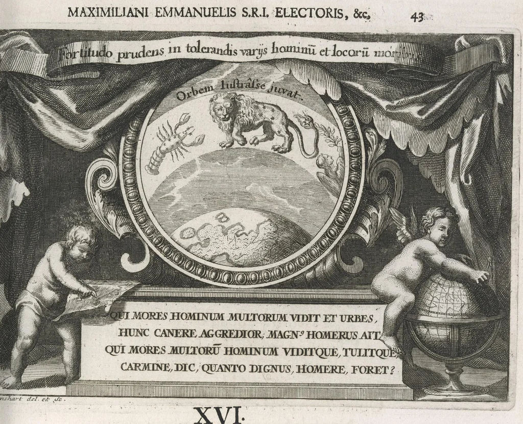 An illustration from Descriptio historica utruisque fortunae Maximiliani Emmanuelis ... : S.R.I. Archi-Dapiferi et Electoris ... : secundum heroica majorum suorum exempla Herculeis laboribus repraesentata, tabula serenissimi stemmatis leonini, aeneisque ducum bavaricorum figuris et emblematibus adornata ..., 1715, leaf 342