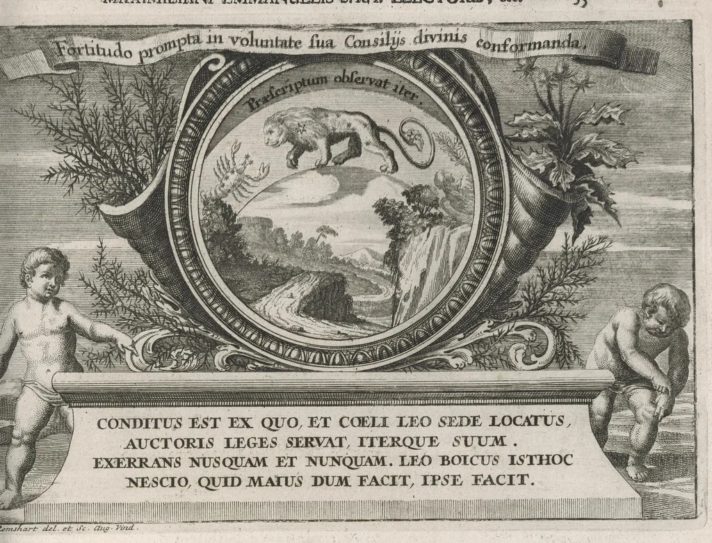 An illustration from Descriptio historica utruisque fortunae Maximiliani Emmanuelis ... : S.R.I. Archi-Dapiferi et Electoris ... : secundum heroica majorum suorum exempla Herculeis laboribus repraesentata, tabula serenissimi stemmatis leonini, aeneisque ducum bavaricorum figuris et emblematibus adornata ..., 1715, leaf 354