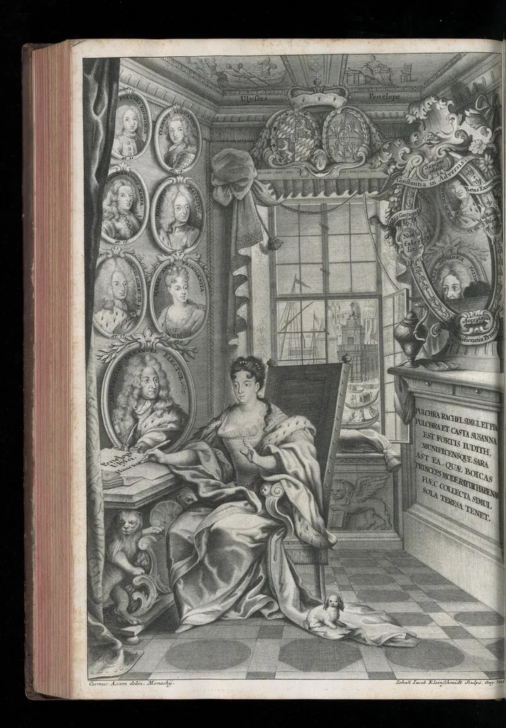 An illustration from Descriptio historica utruisque fortunae Maximiliani Emmanuelis ... : S.R.I. Archi-Dapiferi et Electoris ... : secundum heroica majorum suorum exempla Herculeis laboribus repraesentata, tabula serenissimi stemmatis leonini, aeneisque ducum bavaricorum figuris et emblematibus adornata ..., 1715, leaf 397