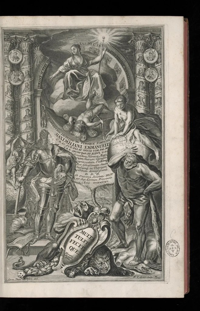 An illustration from Descriptio historica utruisque fortunae Maximiliani Emmanuelis ... : S.R.I. Archi-Dapiferi et Electoris ... : secundum heroica majorum suorum exempla Herculeis laboribus repraesentata, tabula serenissimi stemmatis leonini, aeneisque ducum bavaricorum figuris et emblematibus adornata ..., 1715, leaf 6