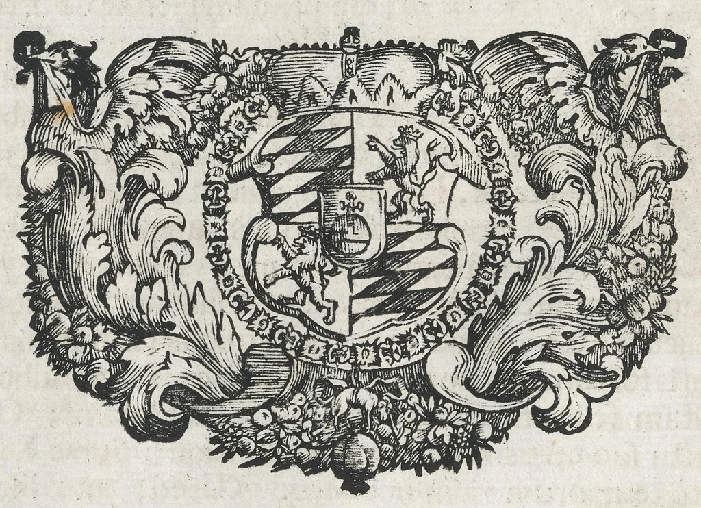An illustration from Descriptio historica utruisque fortunae Maximiliani Emmanuelis ... : S.R.I. Archi-Dapiferi et Electoris ... : secundum heroica majorum suorum exempla Herculeis laboribus repraesentata, tabula serenissimi stemmatis leonini, aeneisque ducum bavaricorum figuris et emblematibus adornata ..., 1715, leaf 65
