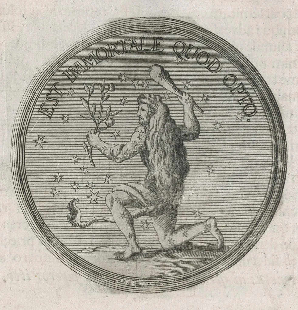 An illustration from Descriptio historica utruisque fortunae Maximiliani Emmanuelis ... : S.R.I. Archi-Dapiferi et Electoris ... : secundum heroica majorum suorum exempla Herculeis laboribus repraesentata, tabula serenissimi stemmatis leonini, aeneisque ducum bavaricorum figuris et emblematibus adornata ..., 1715, leaf 76
