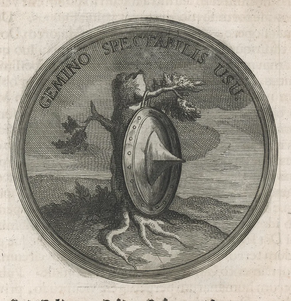An illustration from Descriptio historica utruisque fortunae Maximiliani Emmanuelis ... : S.R.I. Archi-Dapiferi et Electoris ... : secundum heroica majorum suorum exempla Herculeis laboribus repraesentata, tabula serenissimi stemmatis leonini, aeneisque ducum bavaricorum figuris et emblematibus adornata ..., 1715, leaf 80