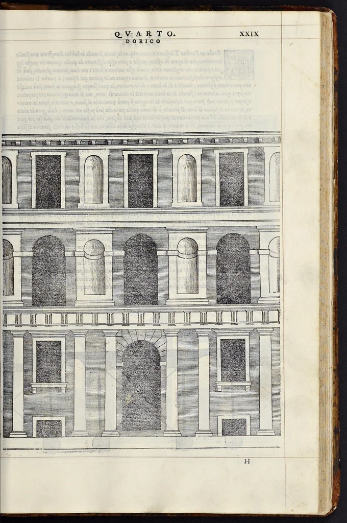 An illustration from Regole generali di architettvra sopra le cinqve maniere de gliedifici : cioè, thoscano, dorico, ionico, corinthio, e composito, con gliessempi de l'antiqvita, che per la maggior parte concordano con la dottrina di Vitrvvio, 1540, leaf 56