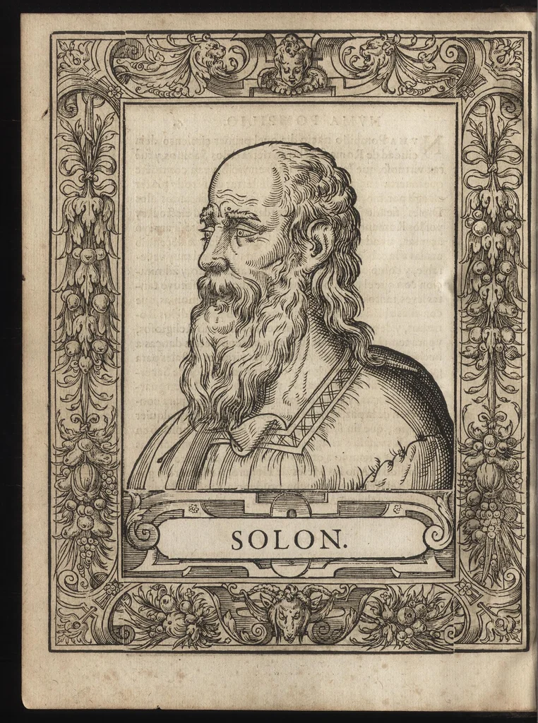An illustration from Heroicos hechos, y vidas de varones yllvstres, asy Griegos, como Romanos, 1576, leaf 17